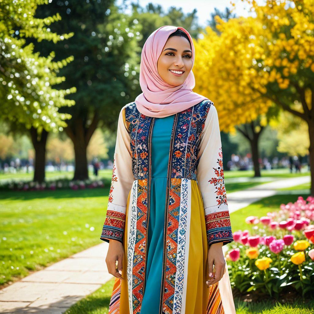 A beautifully dressed Muslim woman in contemporary attire, adorned with joyful patterns and vibrant colors, joyfully showcasing her stylish outfit in a sunny park setting. Surrounding her are colorful flowers and playful geometric patterns in the background, symbolizing the fusion of modesty and modern design. The scene should radiate happiness and confidence. super-realistic. vibrant colors. soft focus.