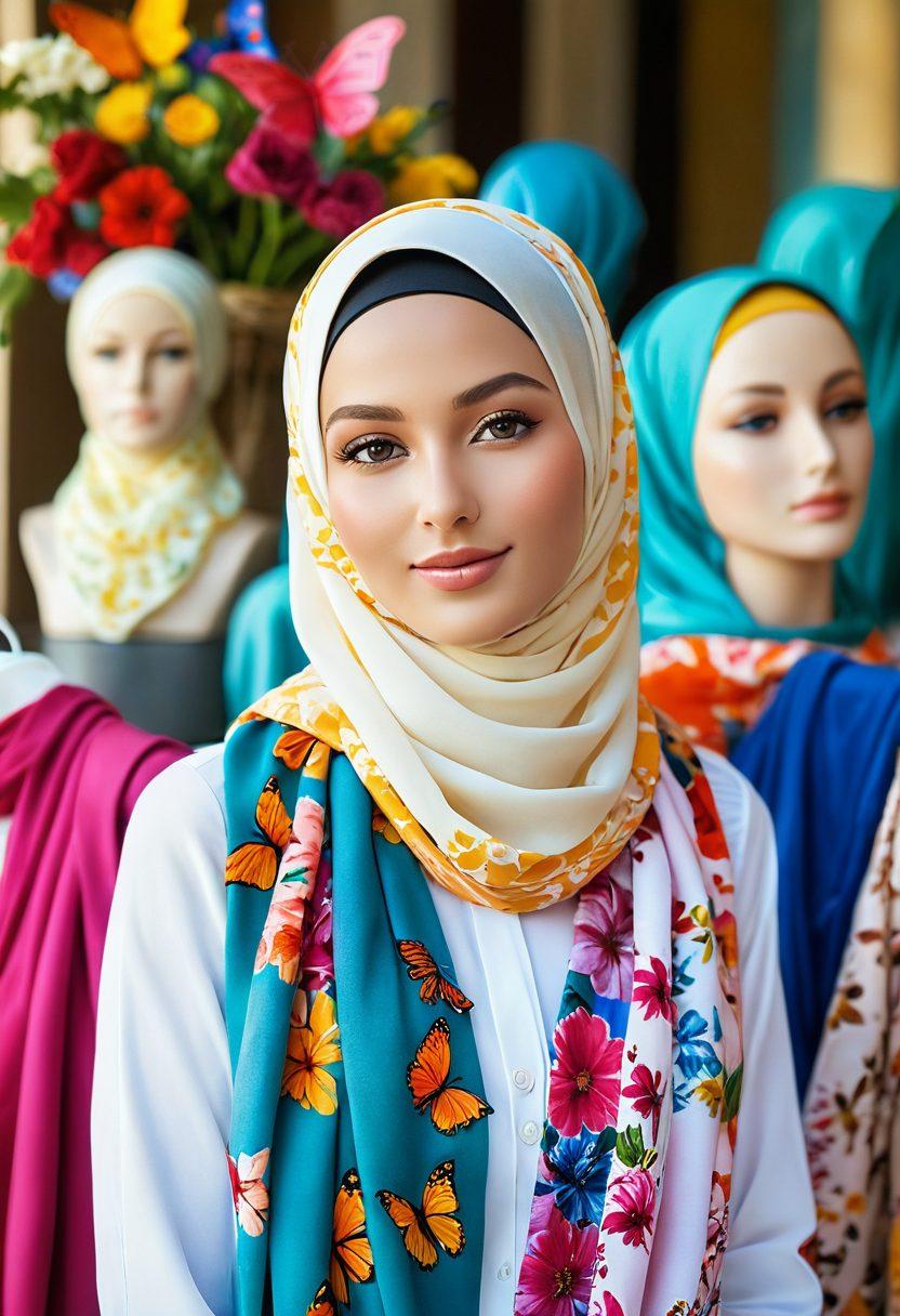 A stylish young woman donning a vibrant hijab in a cheerful floral pattern, surrounded by a variety of joyful hijab styles displayed on mannequins. Include bright, uplifting colors and a soft, sunny background to evoke a sense of happiness and celebration. Incorporate elements of nature like blooming flowers or butterflies to enhance the theme of joyfulness. The scene should convey elegance and modesty simultaneously. super-realistic. vibrant colors. soft focus.