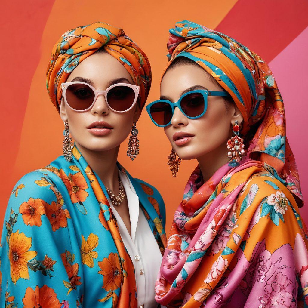 A vibrant display of fashionable headscarves in diverse styles, showcasing various moods from casual to chic. Include a colorful background with cheerful floral patterns and lively textures. Feature models of different ethnicities wearing the headscarves in playful poses, radiating joy and confidence. Add elements like accessories and fashion items to enhance the theme. bold colors, vector art, dynamic composition.